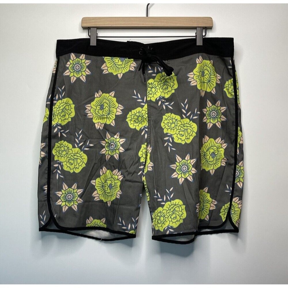 LOST Shorts Mens Black Drawstring Outdoor Beach Floral Hawaii Gray Lime Green 36